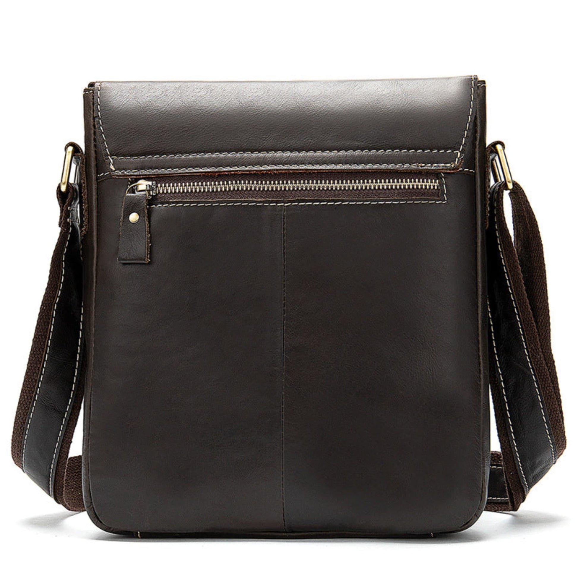 Avenue Men's Genuine Leather Crossbody Bag — Cowhide Shoulder Bag in coffee, rear view showing exterior zip pocket and contrast stitching