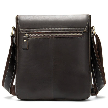Avenue Men's Genuine Leather Crossbody Bag — Cowhide Shoulder Bag in coffee, rear view showing exterior zip pocket and contrast stitching