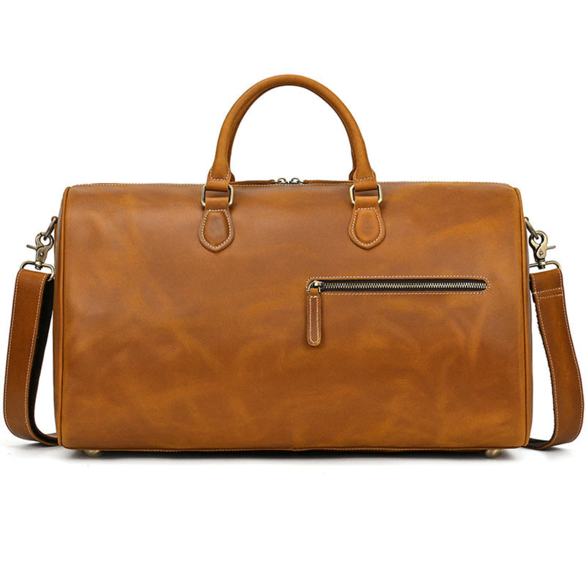 Avenue Retro Crazy Horse Leather Travel Bag in Light Brown — front view with detachable shoulder strap, gold zipper pocket and dual top handles — genuine leather duffle bag — white background
