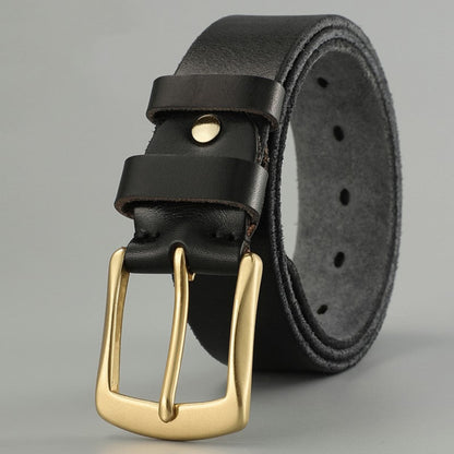 Avenue Men's Handmade Cowhide Leather Belt in Black — Rugged Artisan Character with Gold Pin Buckle, Coiled View on Grey Background