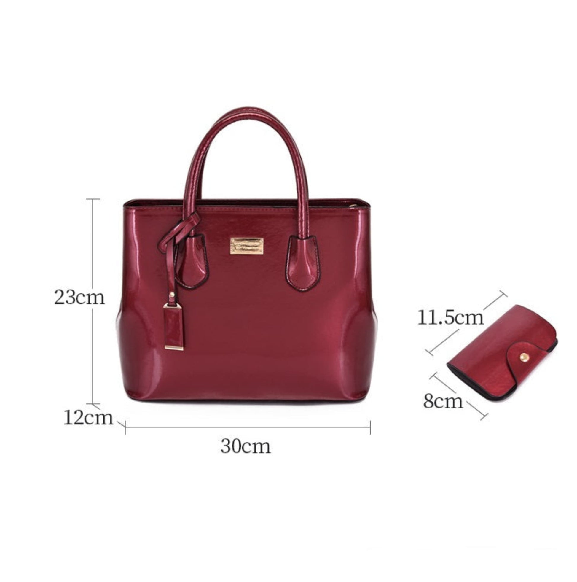 Women's glossy PU leather tote bag dimensions 30x23x12cm with pouch 11.5x8cm in red, white background | Avenue