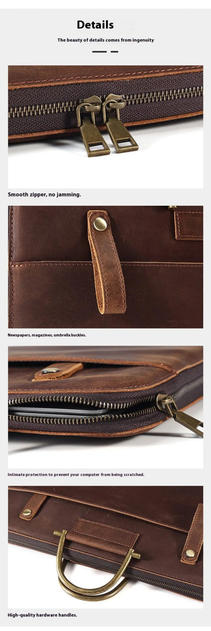 Avenue Crazy Horse Genuine Leather Briefcase for Men – Detail shots in 2121 Brown highlighting smooth anti-jam brass zipper, front leather strap for newspapers and umbrella, scratch-resistant laptop compartment zipper, and high-quality antique brass top handle hardware