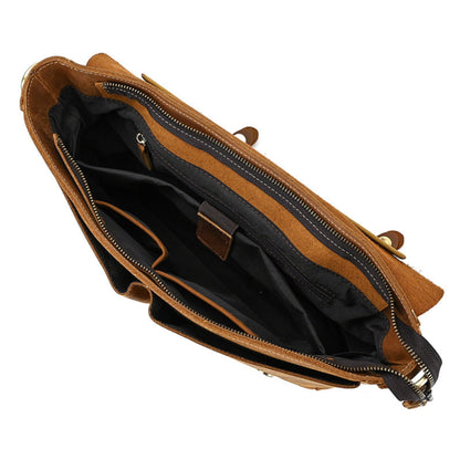 Men's Crazy Horse Leather Crossbody Bag – Top Layer Cowhide Messenger Bag in Brown, top-open interior view on white background showing main compartment, zipper pocket, document slot and black polyester lining | Avenue