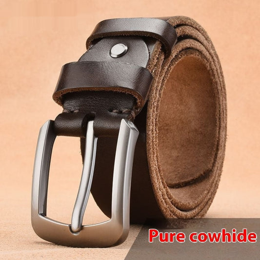 Premium Genuine Leather Pin Buckle Belt for Men in Brown — close-up coiled view highlighting pure cowhide grain texture, natural suede lining, and zinc alloy pin buckle with gunmetal silver finish | Avenue