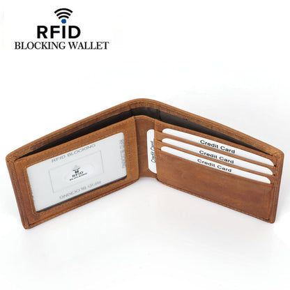 Men's premium crazy horse brown RFID protected leather wallet interior showing card slots, photoholder and money compartment | Avenue