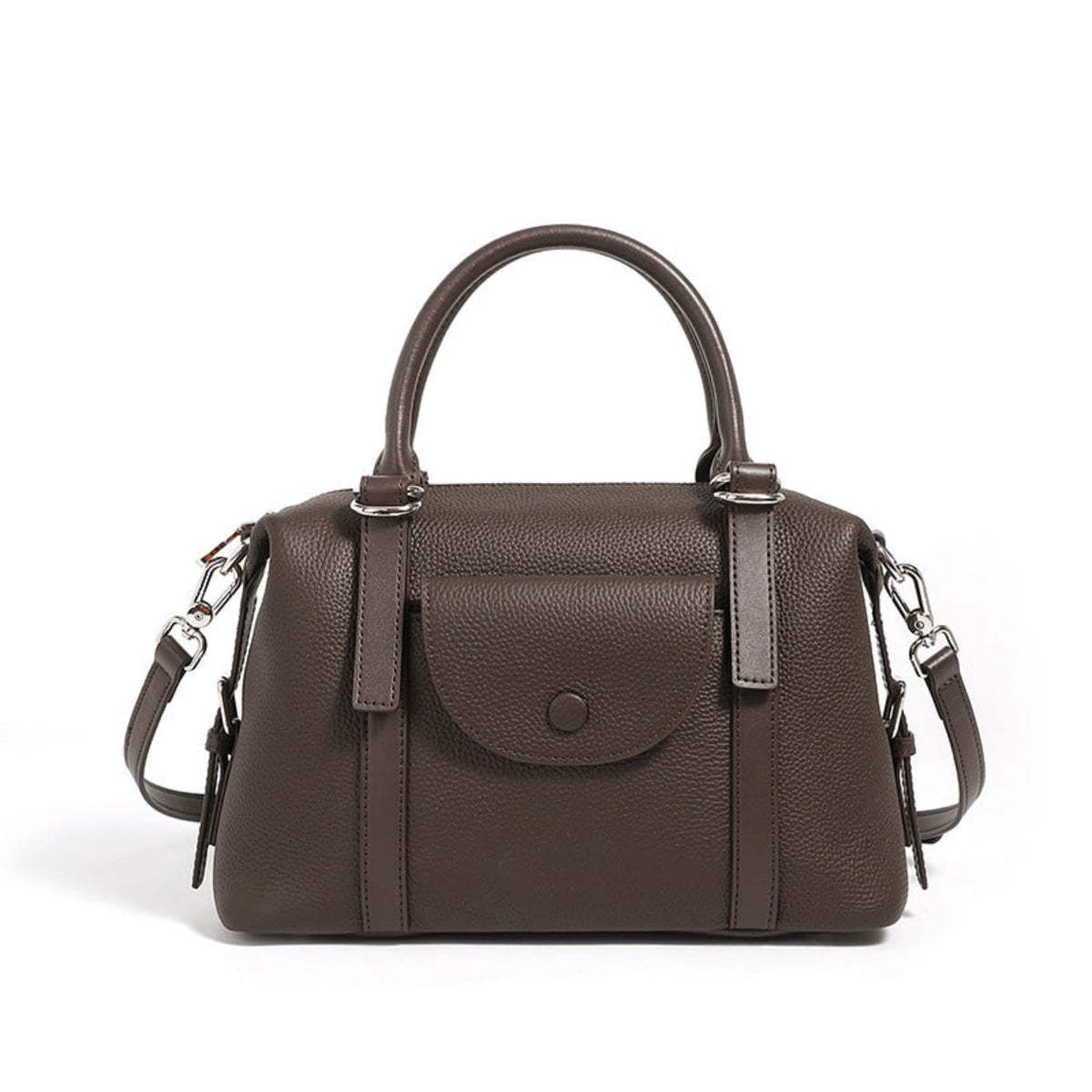 Avenue Brown Women’s Genuine Leather Shoulder Handbag with top handles, front flap, and shoulder strap, displayed on a white background.