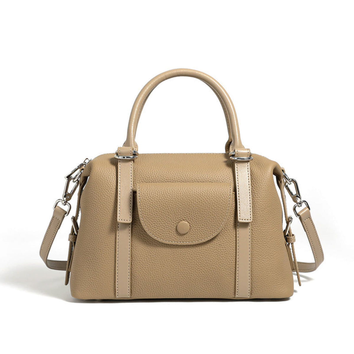 Avenue Elephant Gray Women’s Genuine Leather Shoulder Handbag with top handles, front flap, and  shoulder strap, displayed on a white background.