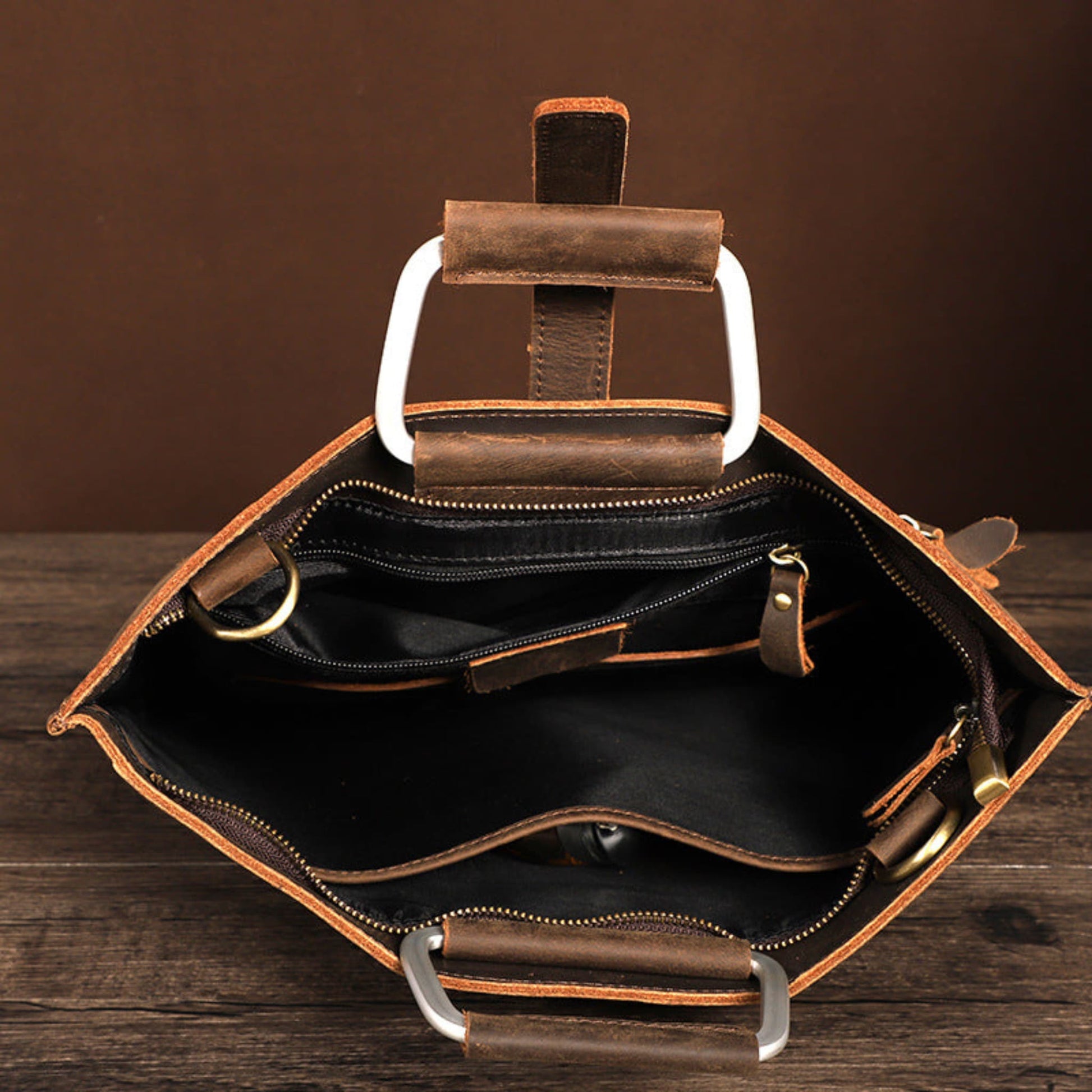 Avenue Men's Crazy Horse Leather Briefcase Coffee 6004 — Interior View Showing Multiple Zip Pockets, Polyester Lining and Brass Hardware