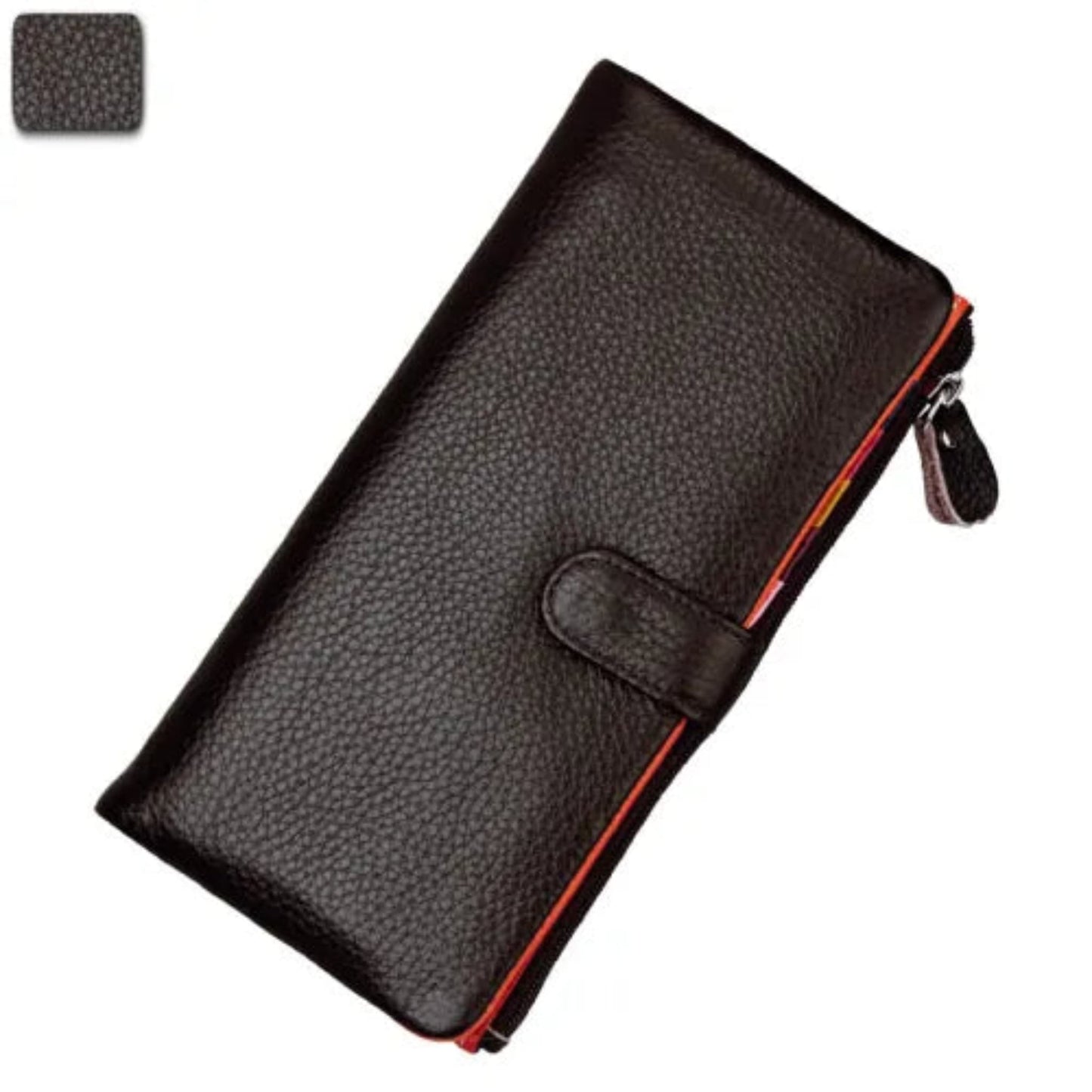 Women's RFID blocking genuine cowhide long leather wallet in coffee with zipper and buckle closure front view | Avenue