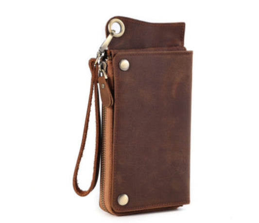 Men's RFID 2056 brown horse skin crazy horse leather retro bifold wristlet wallet | Avenue