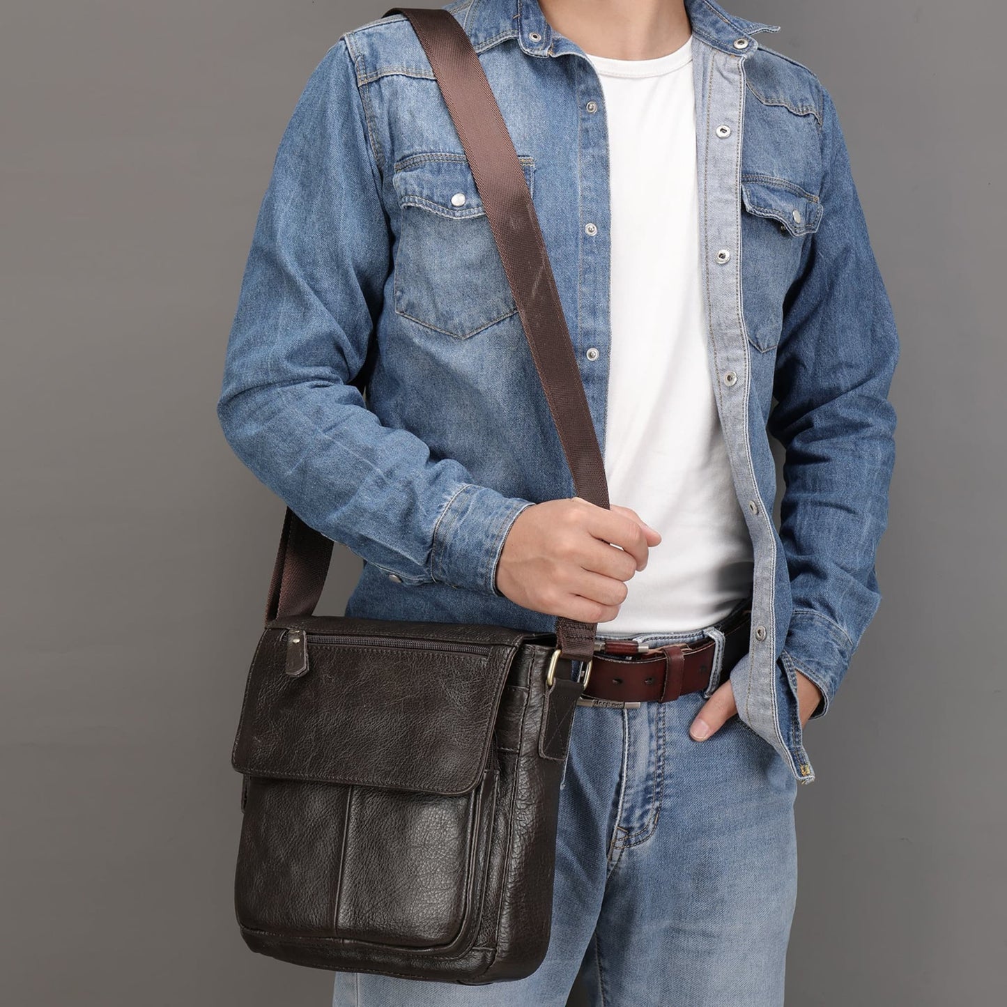 Men's Leather Shoulder Bag in Coffee – Avenue | Worn Over Shoulder by Male Model