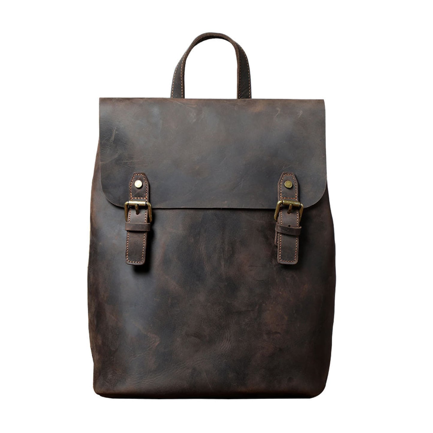 Avenue Retro First Layer Cowhide Leather Backpack – Coffee Front View with Brass Buckle Closure