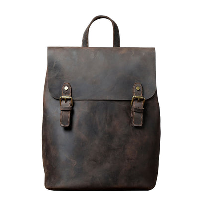 Avenue Retro First Layer Cowhide Leather Backpack – Coffee Front View with Brass Buckle Closure