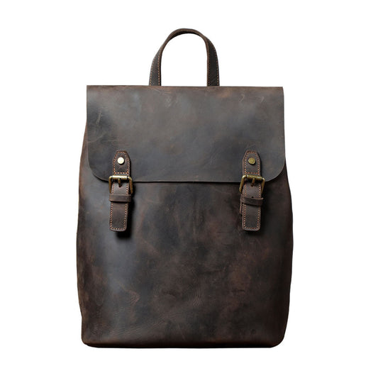 Avenue Retro First Layer Cowhide Leather Backpack – Coffee Front View with Brass Buckle Closure