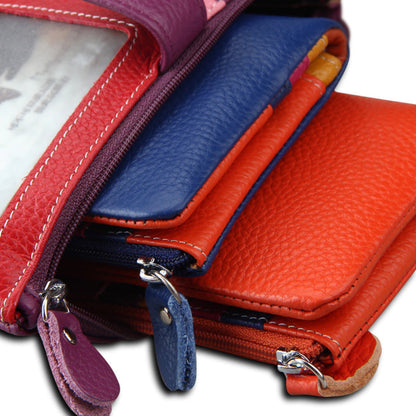 Women's RFID blocking genuine cowhide long leather wallets in three colours stacked on a white background | Avenue