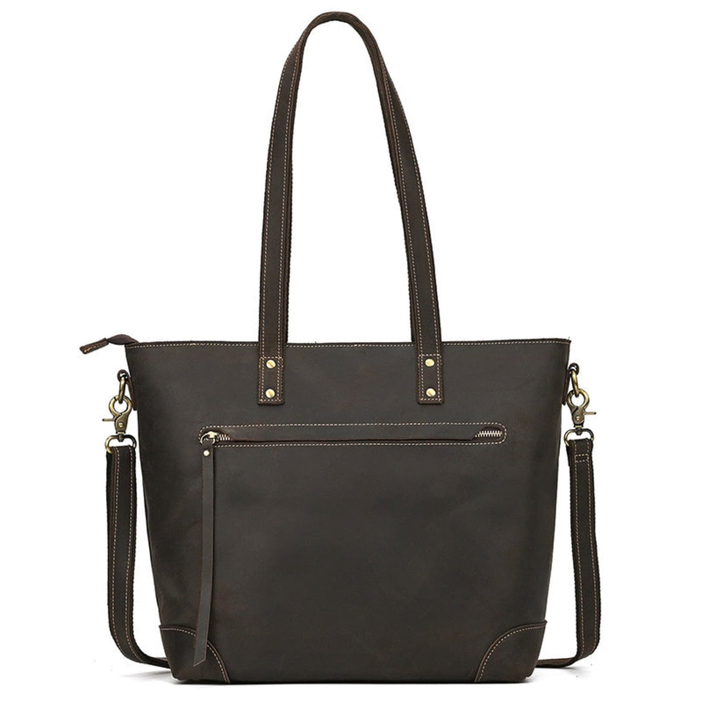 Avenue Crazy Horse Genuine Leather Tote Bag 1097 – Dark Brown, front view, zip pocket, crossbody strap