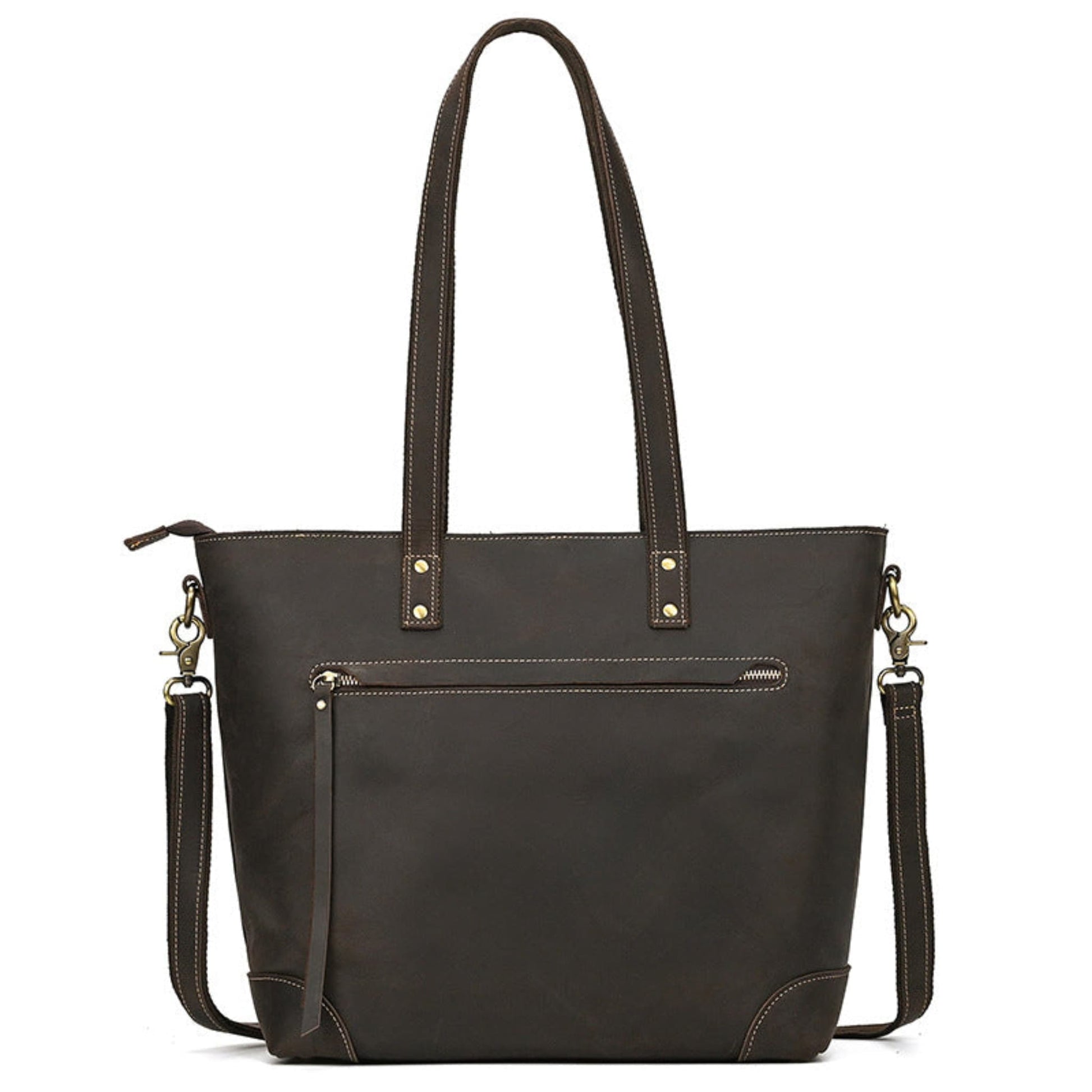 Avenue Crazy Horse Genuine Leather Tote Bag 1097 – Dark Brown, front view, zip pocket, crossbody strap