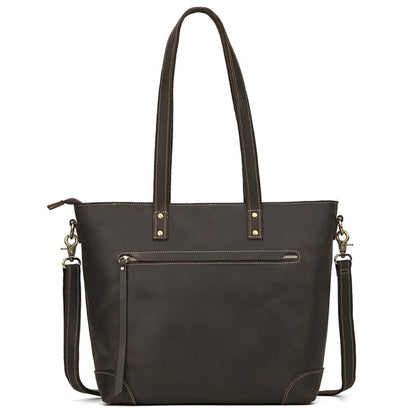 Avenue Crazy Horse Genuine Leather Tote Bag 1097 – Dark Brown, front view, zip pocket, crossbody strap