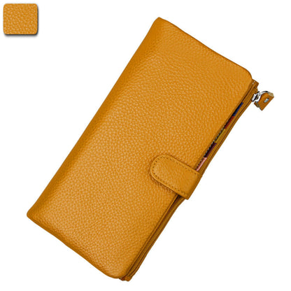 Women's RFID blocking genuine cowhide long leather wallet in yellow with zipper and buckle closure front view | Avenue
