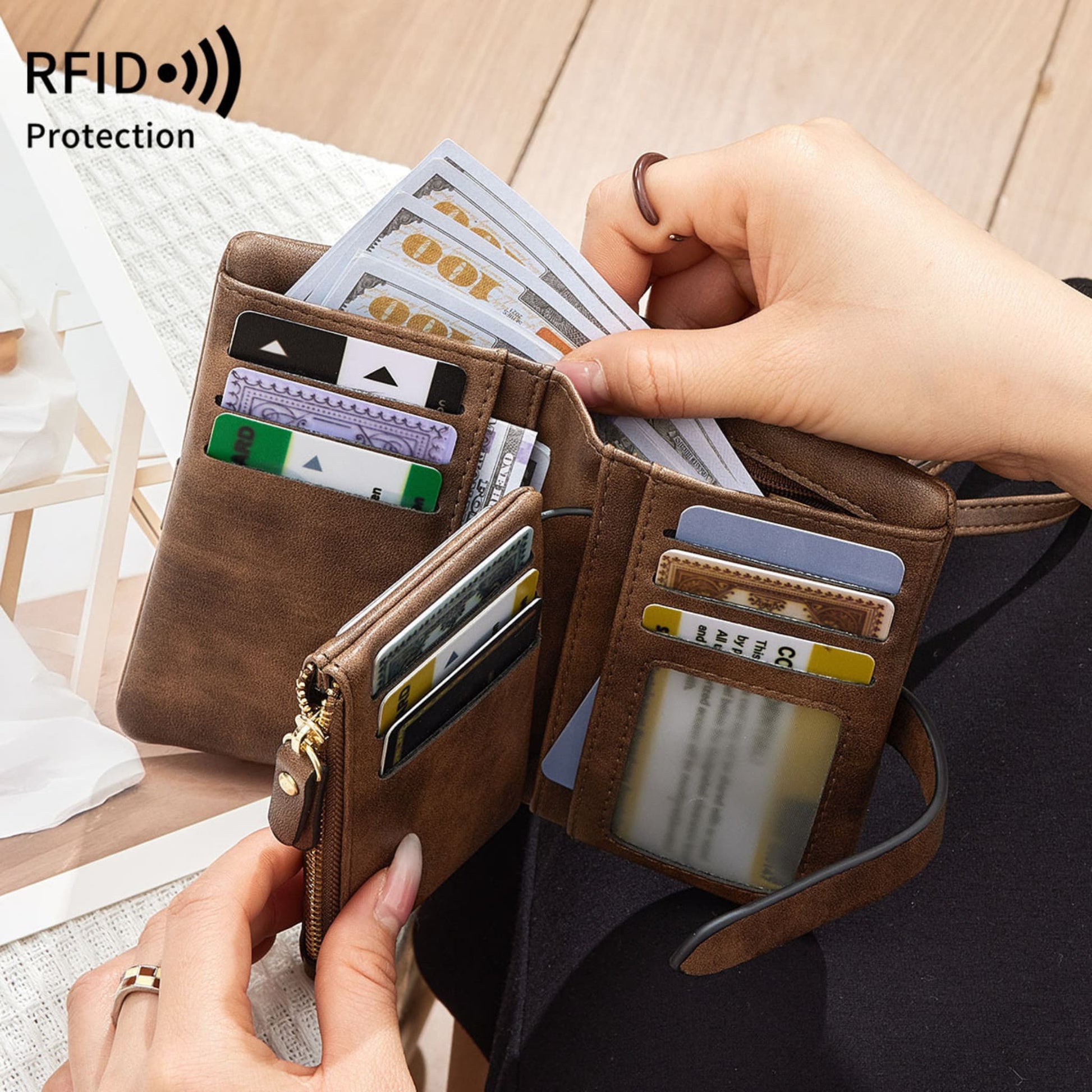 Women's coffee RFID PU leather wallet open showing card slots and cash – Avenue