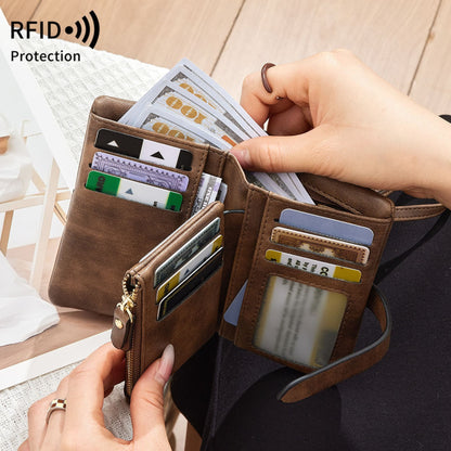 Women's coffee RFID PU leather wallet open showing card slots and cash – Avenue