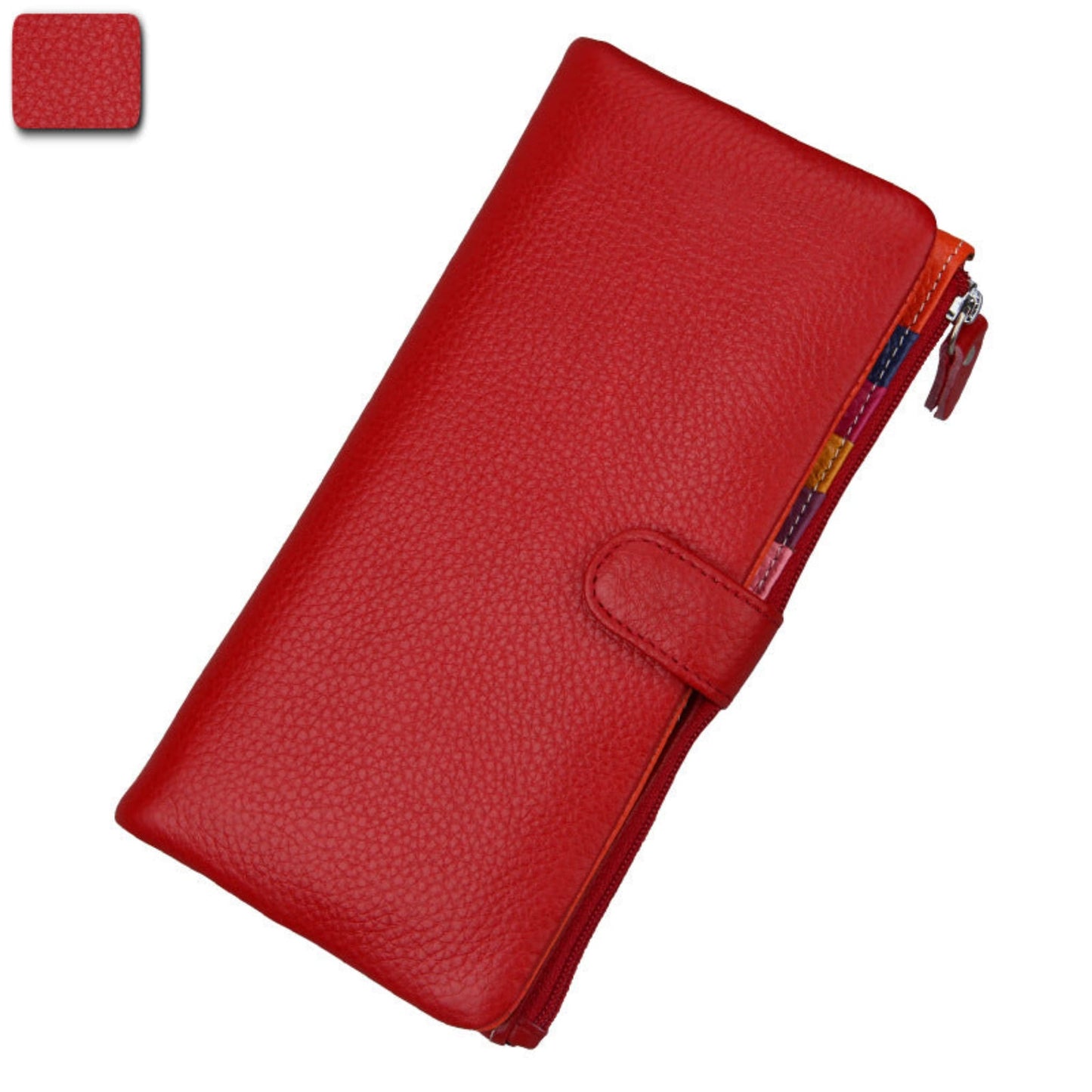 Women's RFID blocking genuine cowhide long leather wallet in red with zipper and buckle closure front view | Avenue