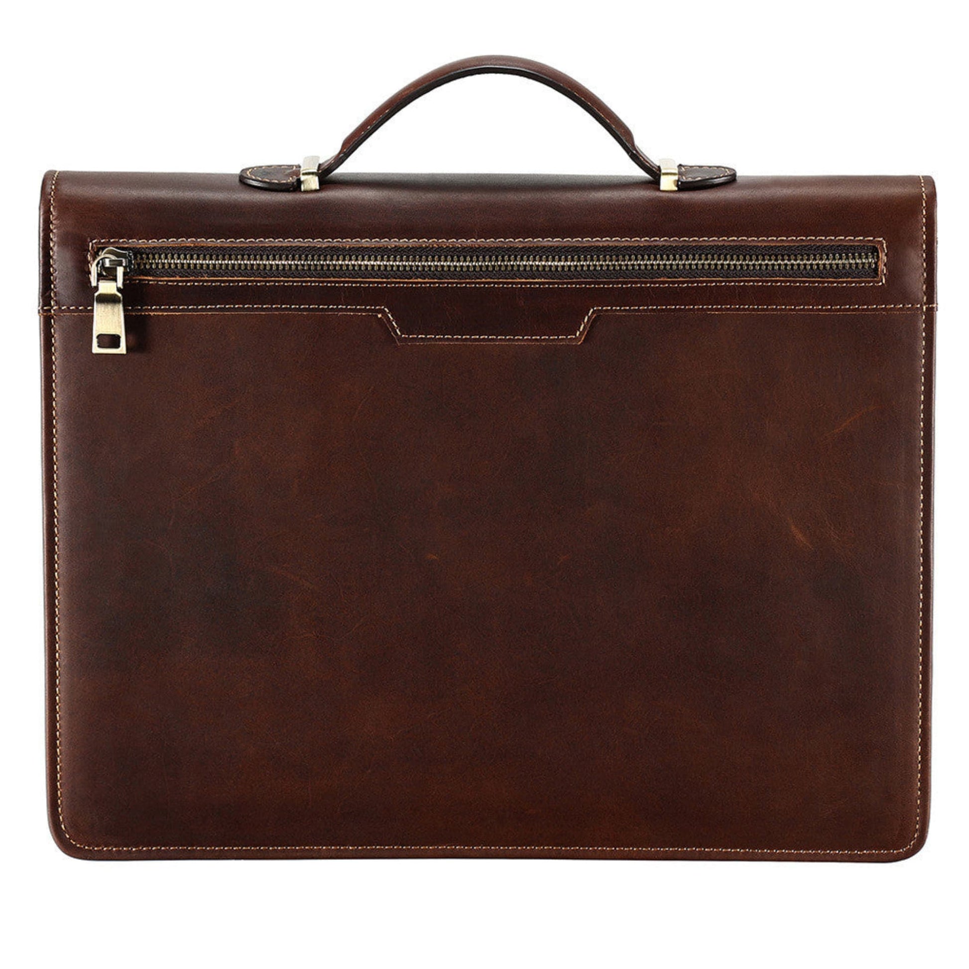 Avenue Men's Crazy Horse Leather Laptop Briefcase 13.3 Inch — Back View with Top Handle and Gold Zipper Pocket in Coffee Brown