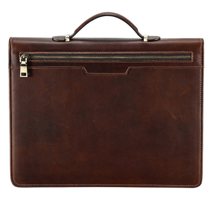Avenue Men's Crazy Horse Leather Laptop Briefcase 13.3 Inch — Back View with Top Handle and Gold Zipper Pocket in Coffee Brown