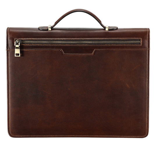 Avenue Men's Crazy Horse Leather Laptop Briefcase 13.3 Inch — Back View with Top Handle and Gold Zipper Pocket in Coffee Brown