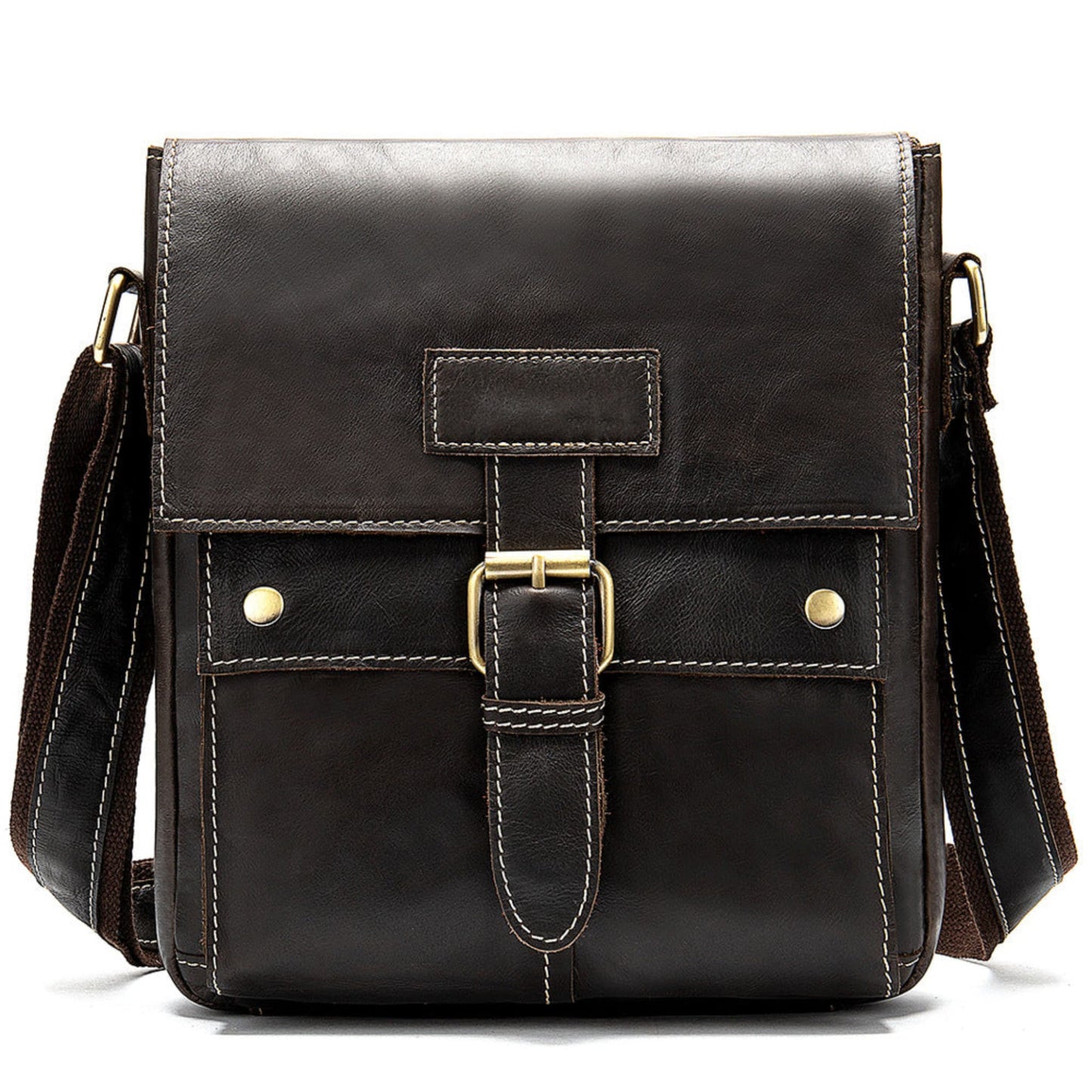 Avenue Men's Genuine Leather Crossbody Bag — Cowhide Shoulder Bag in coffee, front view with brass buckle closure and adjustable single strap