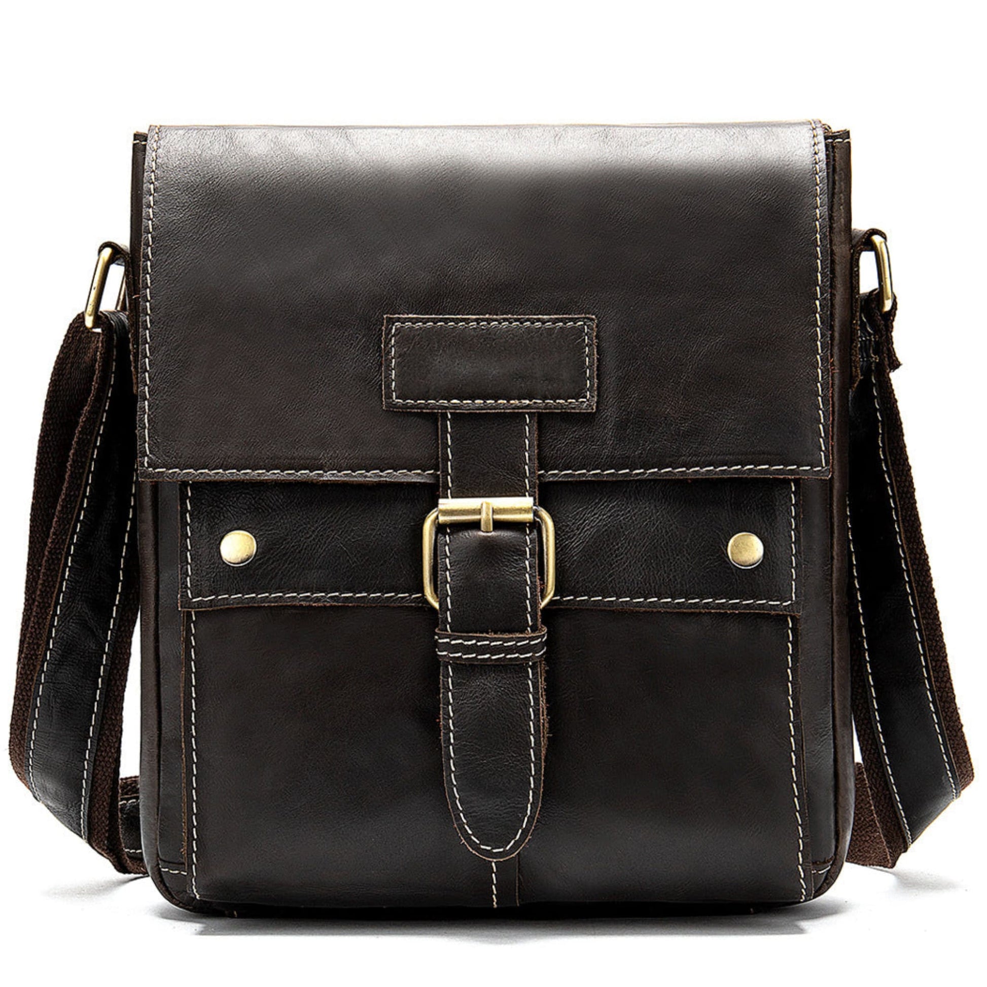 Avenue Men's Genuine Leather Crossbody Bag — Cowhide Shoulder Bag in coffee, front view with brass buckle closure and adjustable single strap