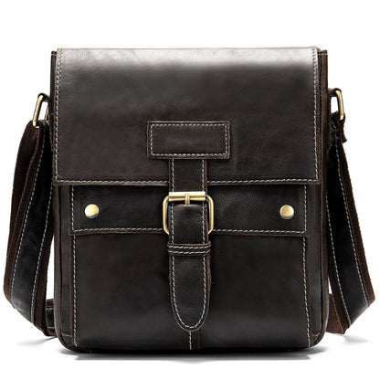 Avenue Men's Genuine Leather Crossbody Bag — Cowhide Shoulder Bag in coffee, front view with brass buckle closure and adjustable single strap