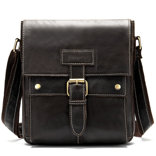 Avenue Men's Genuine Leather Crossbody Bag — Cowhide Shoulder Bag in coffee, front view with brass buckle closure and adjustable single strap