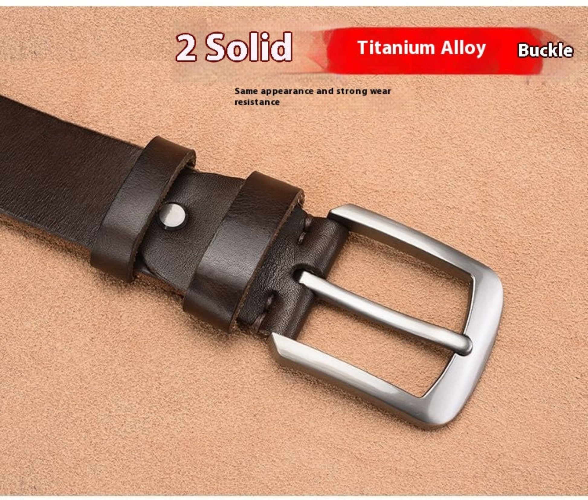 Premium Genuine Leather Pin Buckle Belt for Men in Brown — macro close-up of alloy pin buckle, keeper loop, and rivet detail on smooth cowhide leather strap on tan background | Avenue
