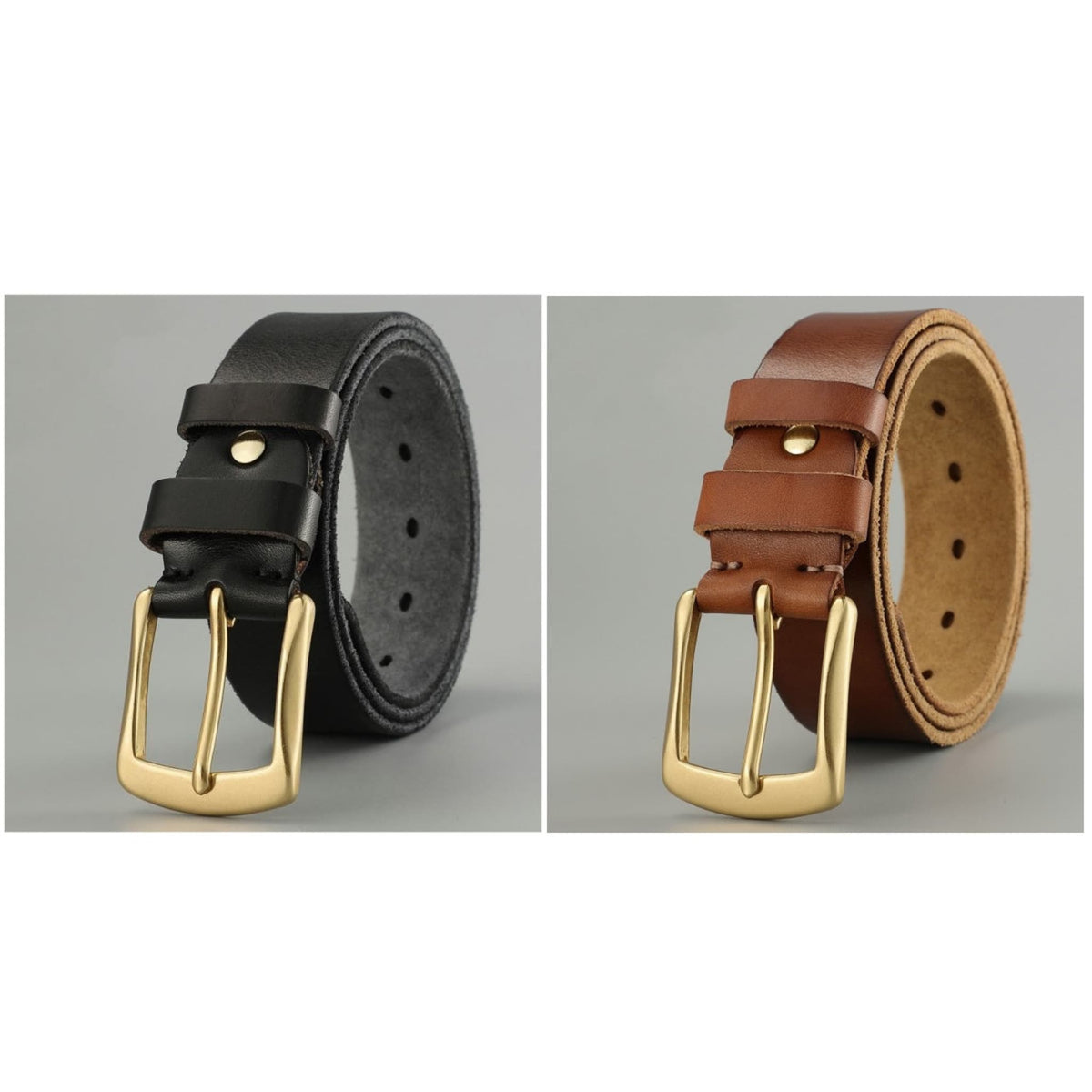 Avenue Men's Handmade Cowhide Leather Belt — Black and Khaki Bundle Set with Gold Pin Buckle, Rugged Artisan Character on Grey Background