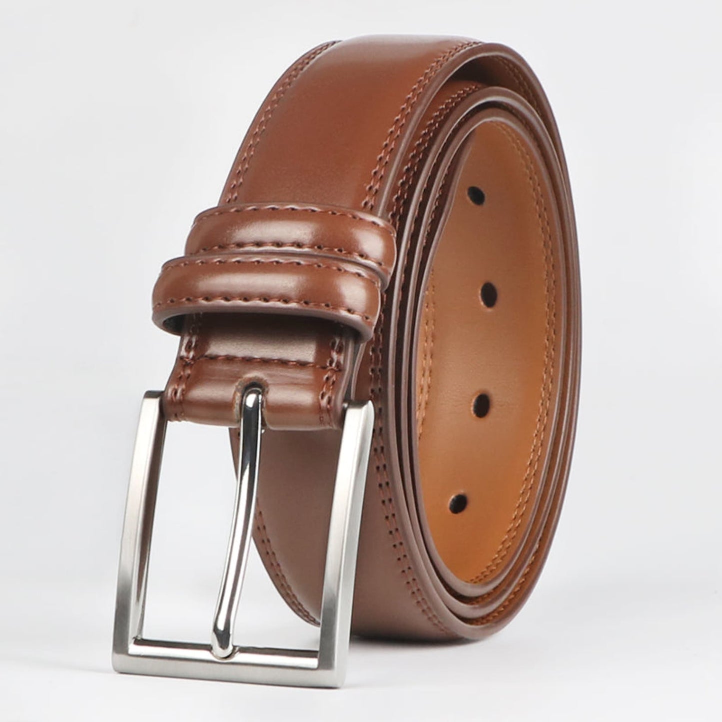 Women's light brown genuine leather dress belt with silver single prong buckle and double stitching detail – Avenue