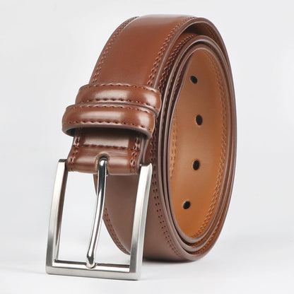 Women's light brown genuine leather dress belt with silver single prong buckle and double stitching detail – Avenue