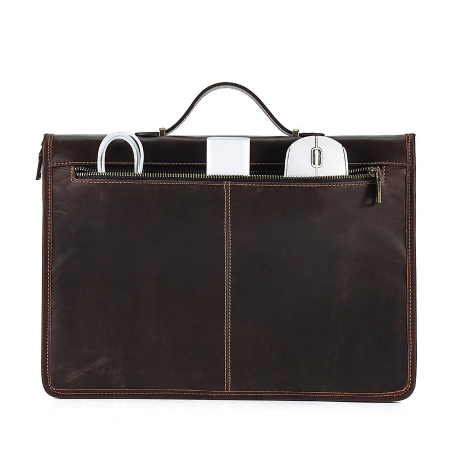 Avenue Crazy Horse Leather Laptop Bag – 14 Inch Vintage Briefcase Handbag in Coffee, back view showing zipper pocket with cable, charger, and mouse accessories