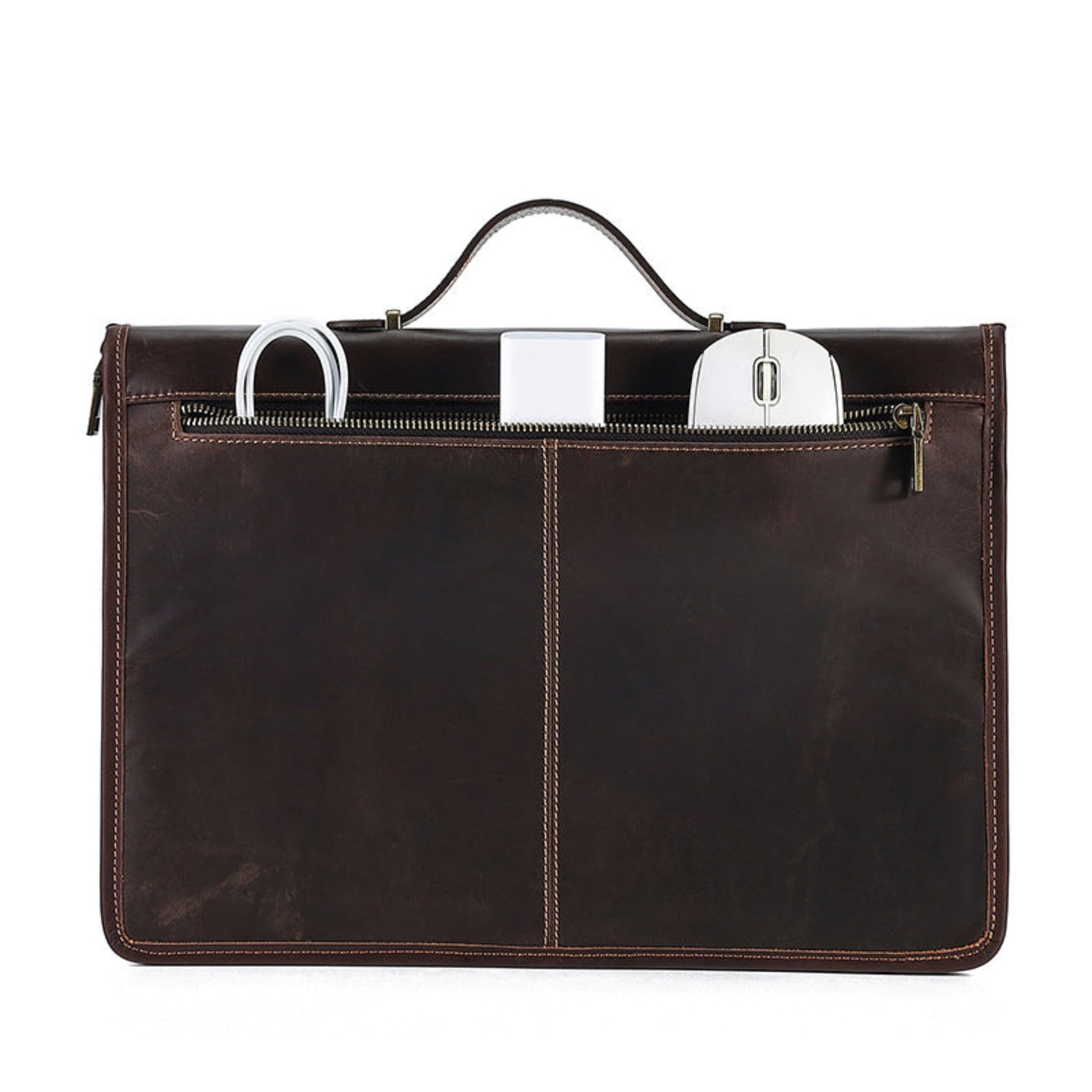 Avenue Crazy Horse Leather Laptop Bag – 14 Inch Vintage Briefcase Handbag in Coffee, back view showing zipper pocket with cable, charger, and mouse accessories