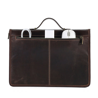 Avenue Crazy Horse Leather Laptop Bag – 14 Inch Vintage Briefcase Handbag in Coffee, back view showing zipper pocket with cable, charger, and mouse accessories