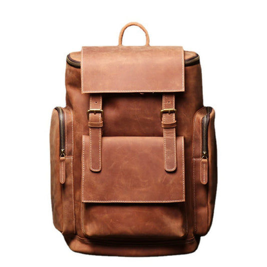 Retro crazy horse leather Men's laptop backpack large capacity in retro brown on white background – front view | Avenue