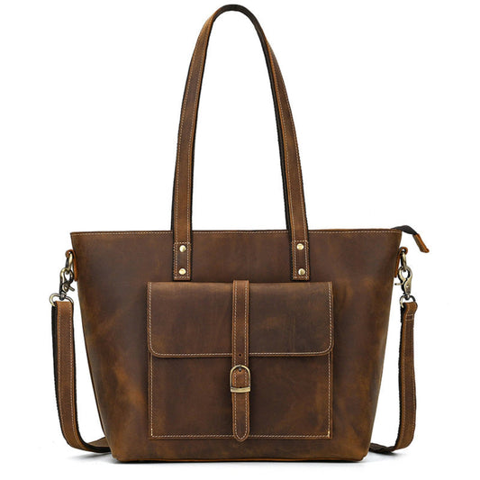 Avenue Crazy Horse Genuine Leather Tote Bag 1096 – Brown, front view, flap pocket with gold buckle, crossbody strap