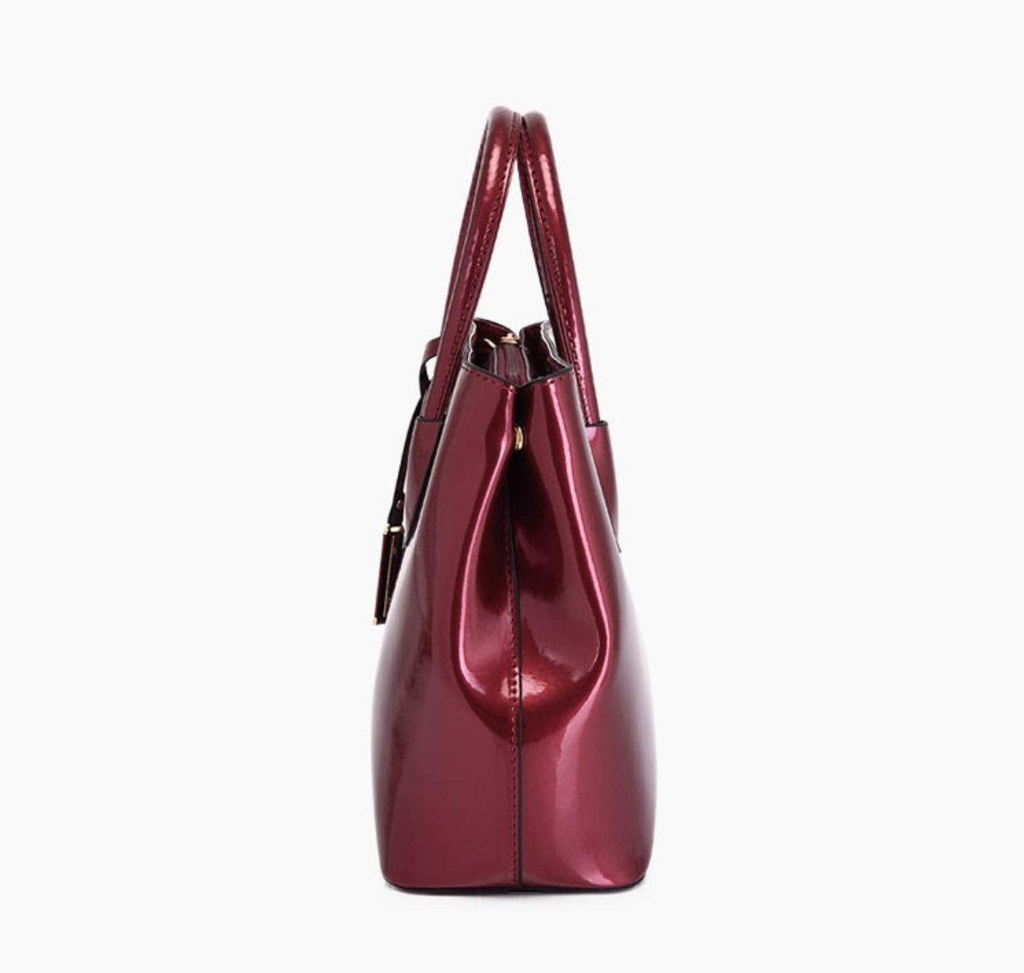 Women's glossy PU leather tote bag side view in red, zipper closure detail, white background | Avenue