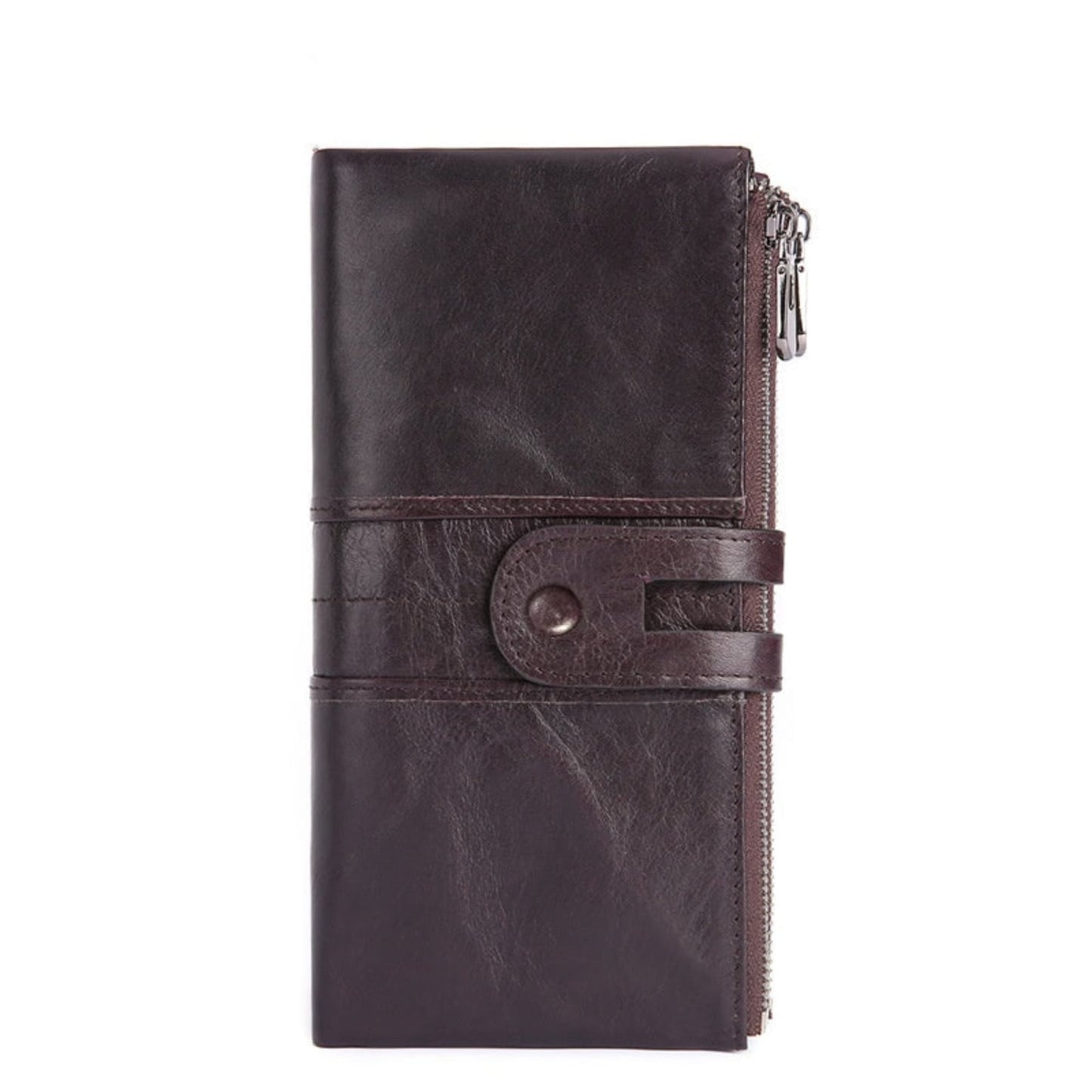 Women's RFID  Long Leather Wallet first layer cowhide in Purple Brown with Fastening Strap and Zipper – Avenue