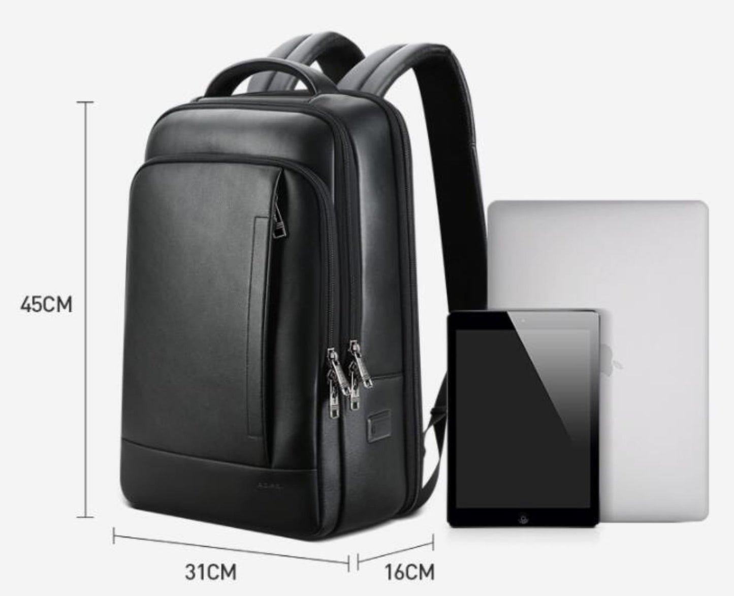 Men's full grain black cowhide leather laptop backpack with dimensions — laptop and tablet for scale | Avenue