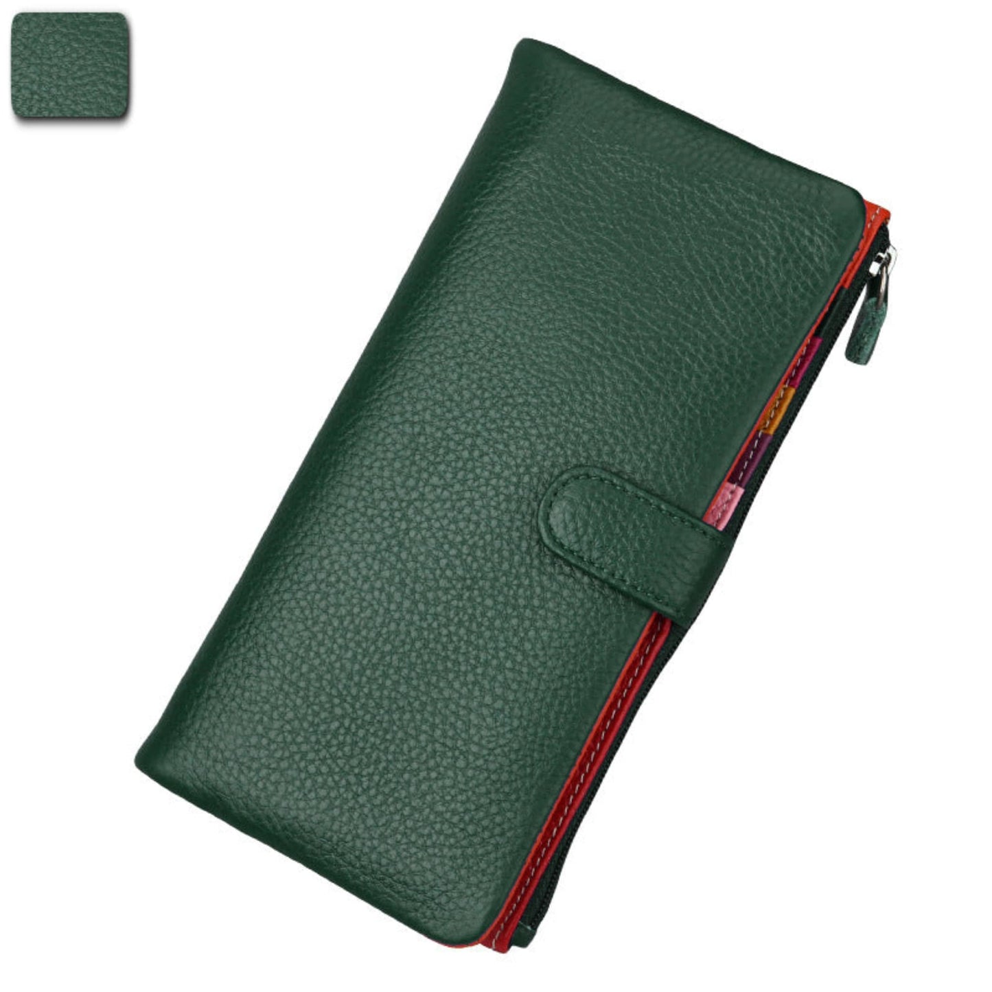 Women's RFID blocking genuine cowhide long leather wallet in green with zipper and buckle closure front view | Avenue