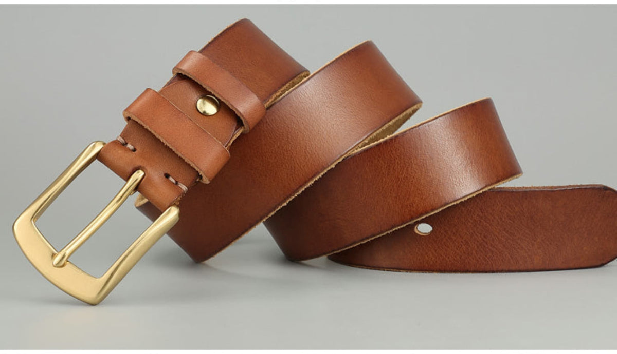 Avenue Men's Handmade Cowhide Leather Belt in Khaki — Rugged Artisan Character with Gold Pin Buckle, Full Length View on Grey Background