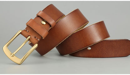 Avenue Men's Handmade Cowhide Leather Belt in Khaki — Rugged Artisan Character with Gold Pin Buckle, Full Length View on Grey Background