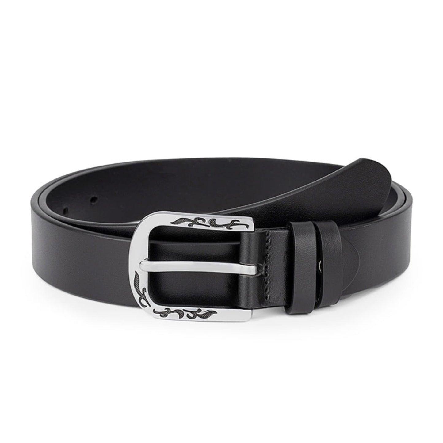Women's Slim Black Leather Belt Loosely Coiled with Engraved Floral Silver D-Buckle – Avenue