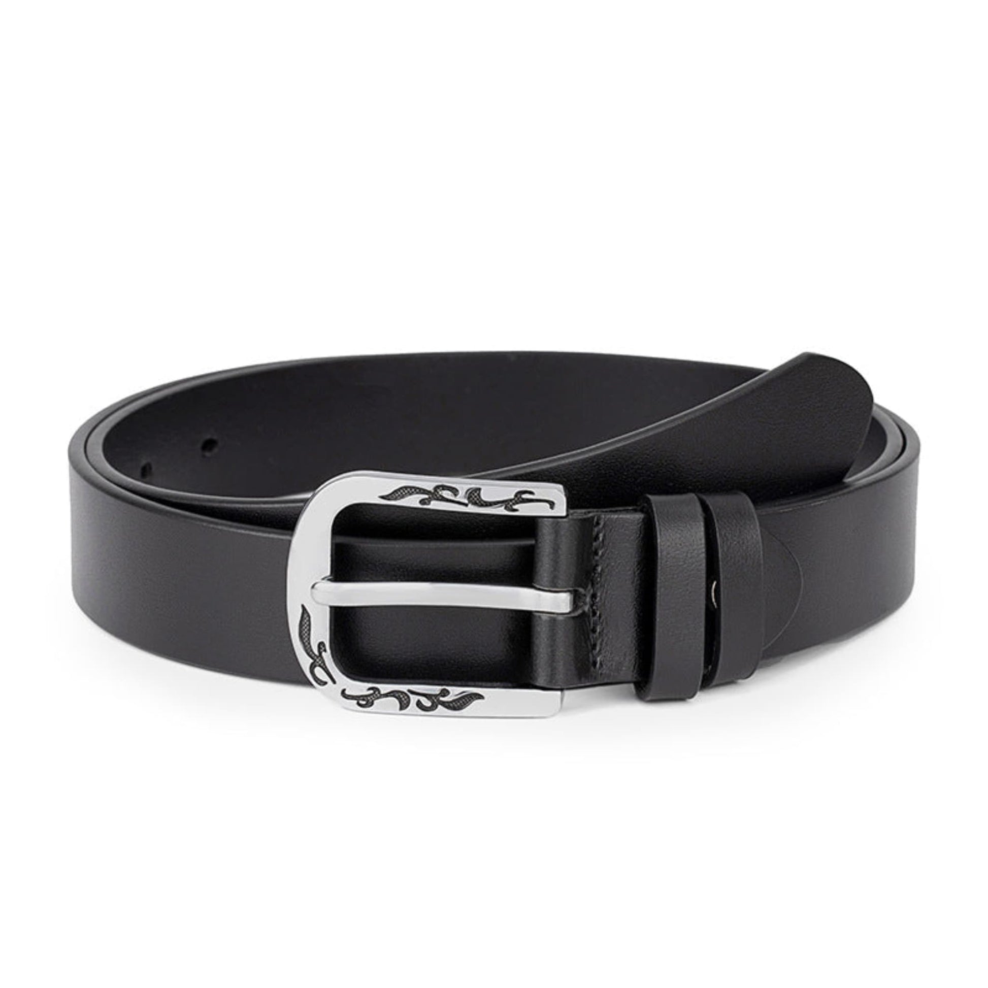 Women's Slim Black Leather Belt Loosely Coiled with Engraved Floral Silver D-Buckle – Avenue
